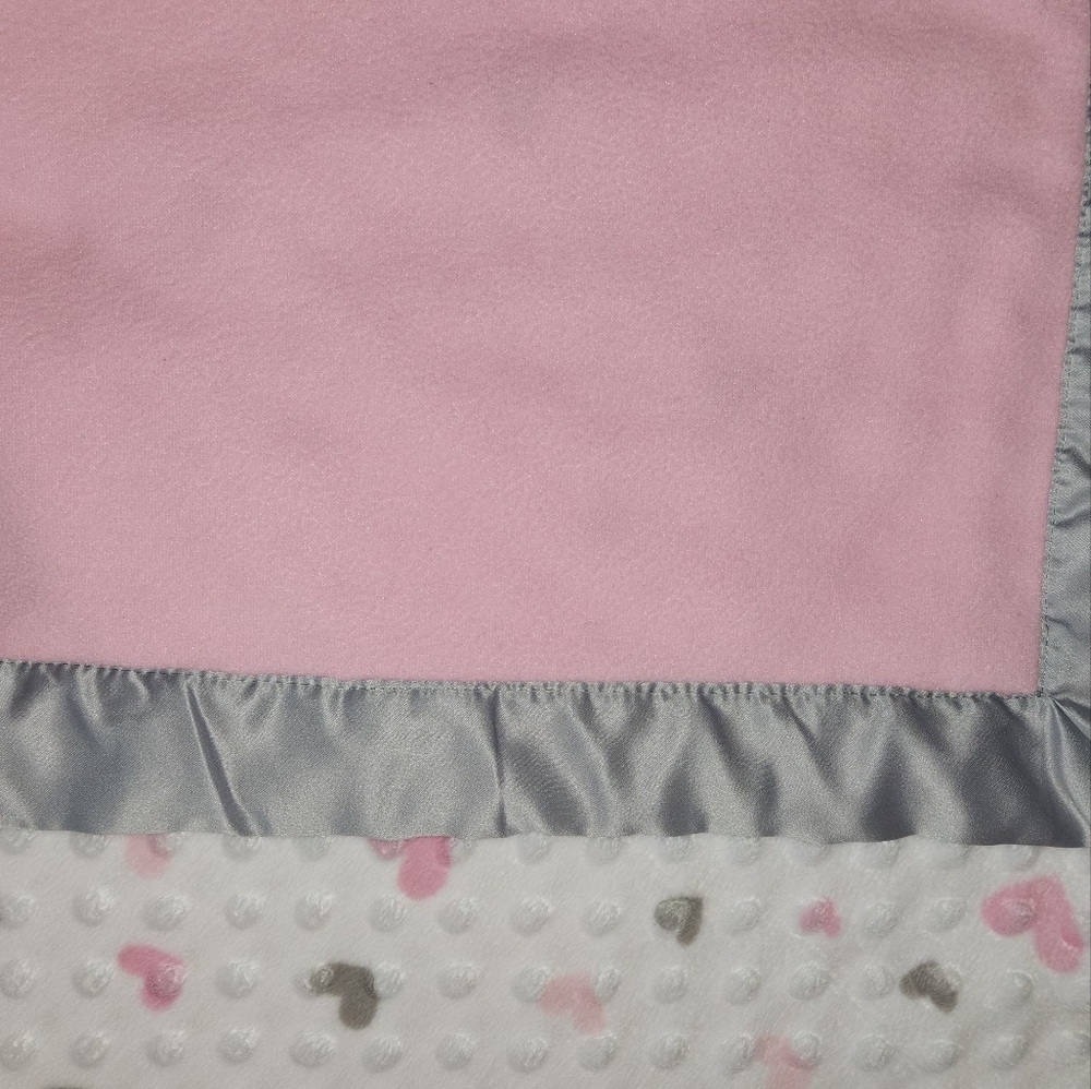 Just Born Oh So Cute Minky White Pink Hearts. Grey Satin Trim Baby Blanket 30x30 - Picture 3 of 6